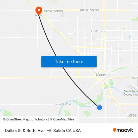 Dallas St & Butte Ave to Salida CA USA map