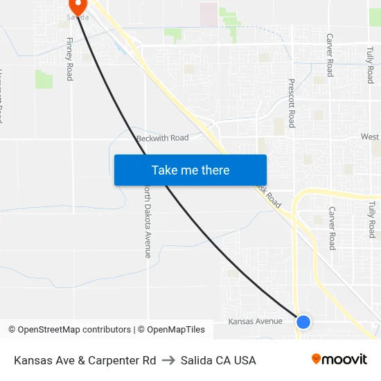 Kansas Ave & Carpenter Rd to Salida CA USA map