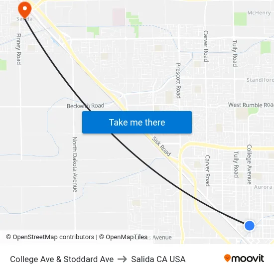 College Ave & Stoddard Ave to Salida CA USA map
