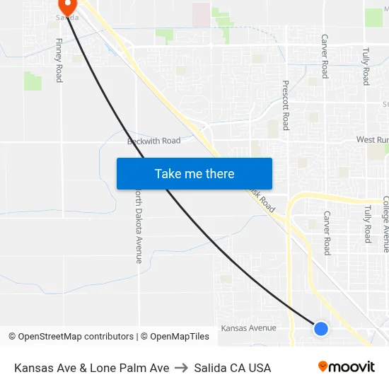 Kansas Ave & Lone Palm Ave to Salida CA USA map