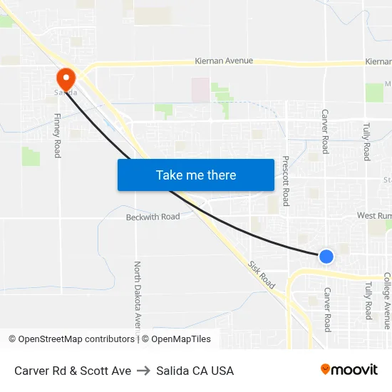 Carver Rd & Scott Ave to Salida CA USA map