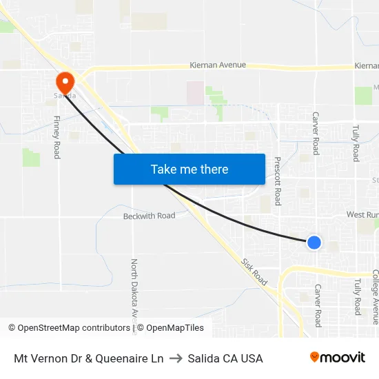 Mt Vernon Dr & Queenaire Ln to Salida CA USA map