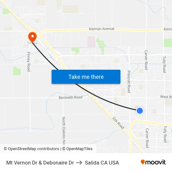 Mt Vernon Dr & Debonaire Dr to Salida CA USA map