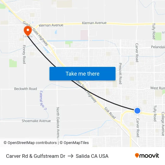 Carver Rd & Gulfstream Dr to Salida CA USA map