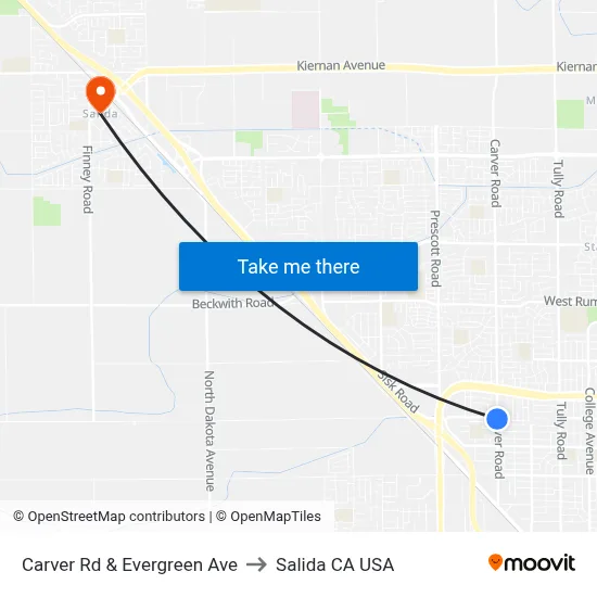 Carver Rd & Evergreen Ave to Salida CA USA map