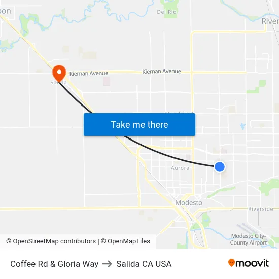 Coffee Rd & Gloria Way to Salida CA USA map