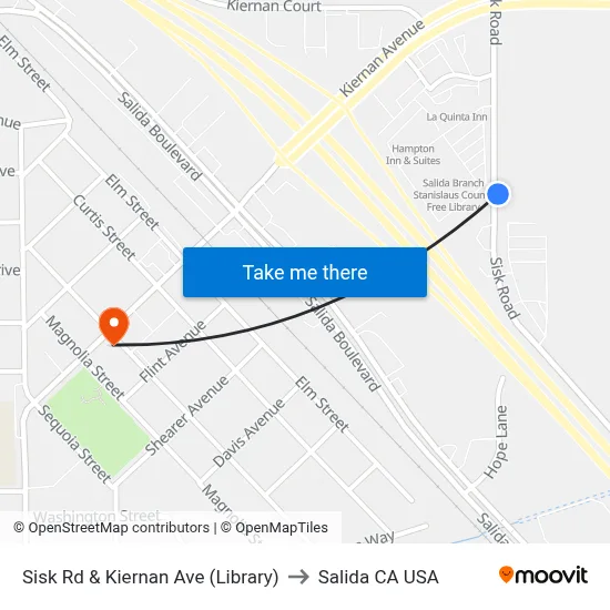 Sisk Rd & Kiernan Ave (Library) to Salida CA USA map