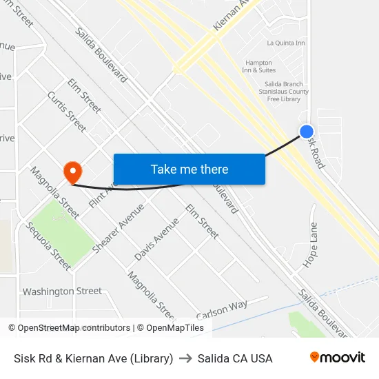 Sisk Rd & Kiernan Ave (Library) to Salida CA USA map