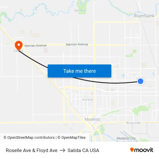 Roselle Ave & Floyd Ave to Salida CA USA map