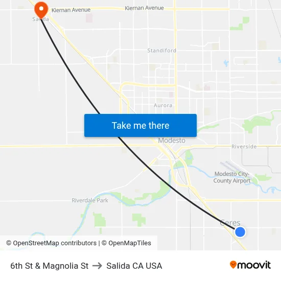 6th St & Magnolia St to Salida CA USA map