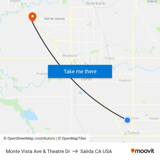 Monte Vista Ave & Theatre Dr to Salida CA USA map