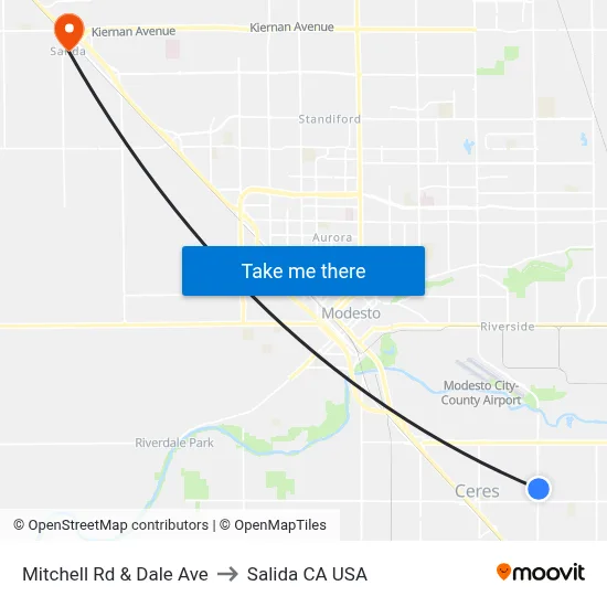 Mitchell Rd & Dale Ave to Salida CA USA map
