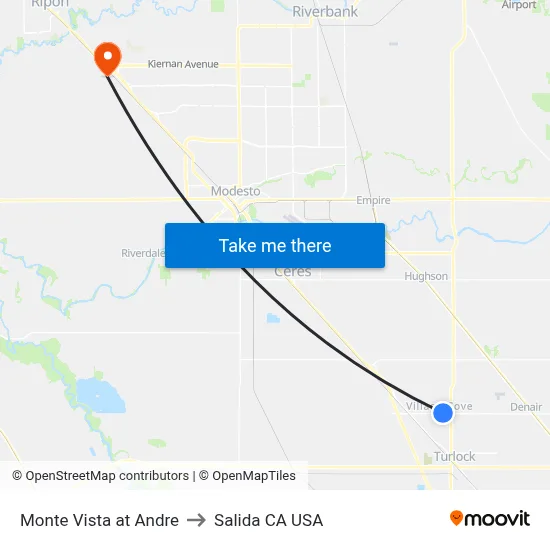 Monte Vista at Andre to Salida CA USA map