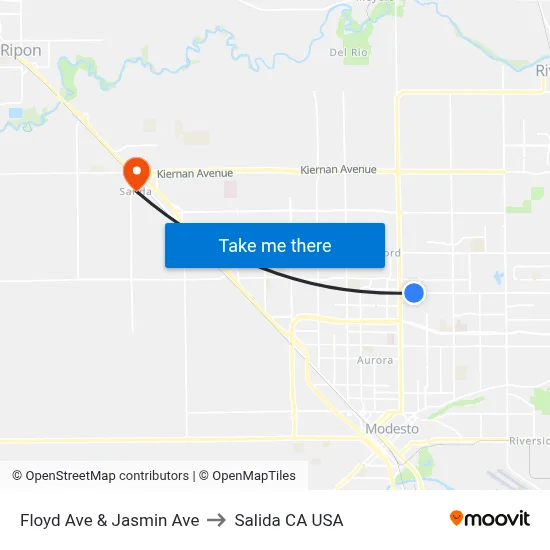 Floyd Ave & Jasmin Ave to Salida CA USA map