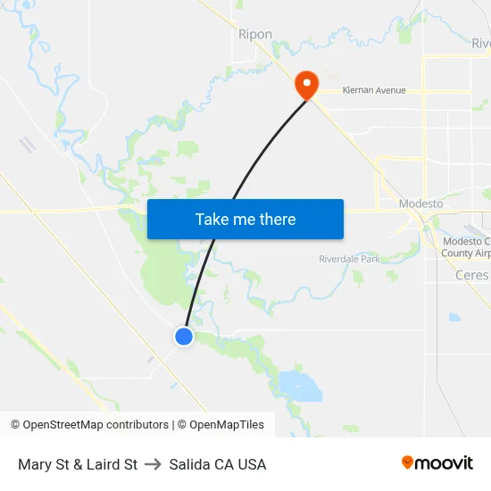 Mary St & Laird St to Salida CA USA map
