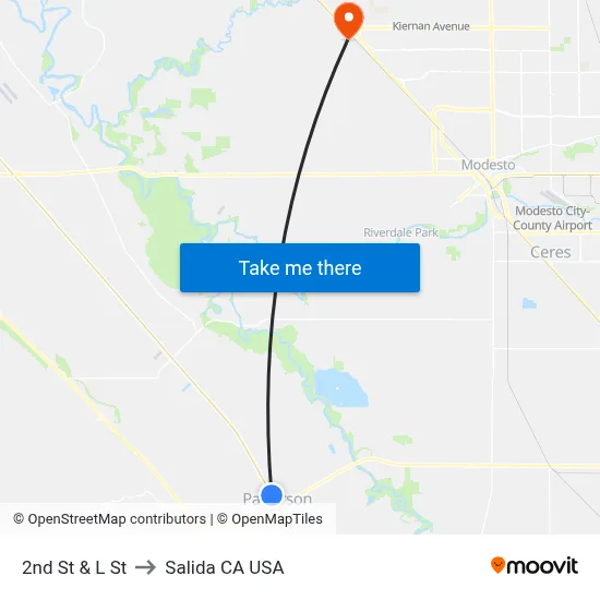 2nd St & L St to Salida CA USA map