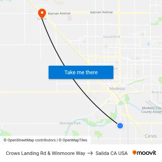 Crows Landing Rd & Winmoore Way to Salida CA USA map