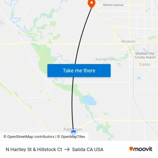 N Hartley St & Hillstock Ct to Salida CA USA map