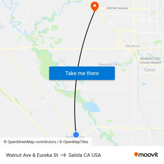 Walnut Ave & Eureka St to Salida CA USA map