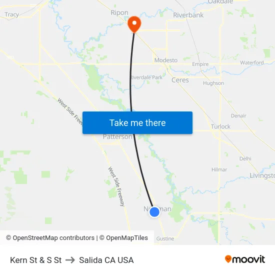 Kern St & S St to Salida CA USA map
