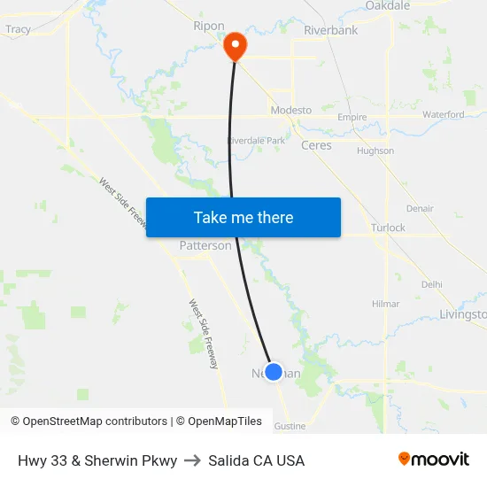 Hwy 33 & Sherwin Pkwy to Salida CA USA map