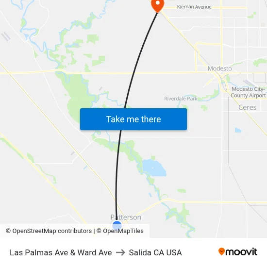 Las Palmas Ave & Ward Ave to Salida CA USA map