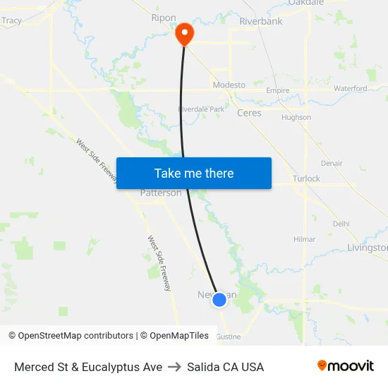 Merced St & Eucalyptus Ave to Salida CA USA map