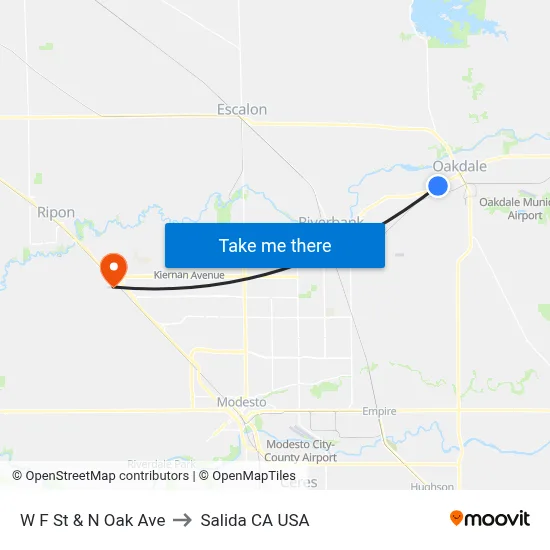 W F St & N Oak Ave to Salida CA USA map
