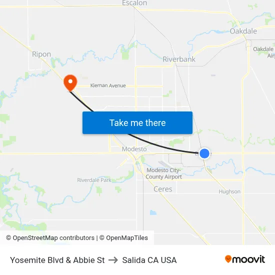 Yosemite Blvd & Abbie St to Salida CA USA map