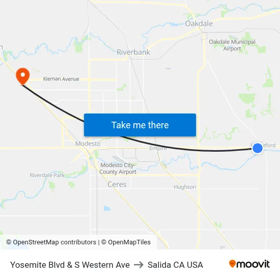 Yosemite Blvd & S Western Ave to Salida CA USA map