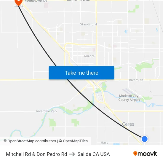 Mitchell Rd & Don Pedro Rd to Salida CA USA map