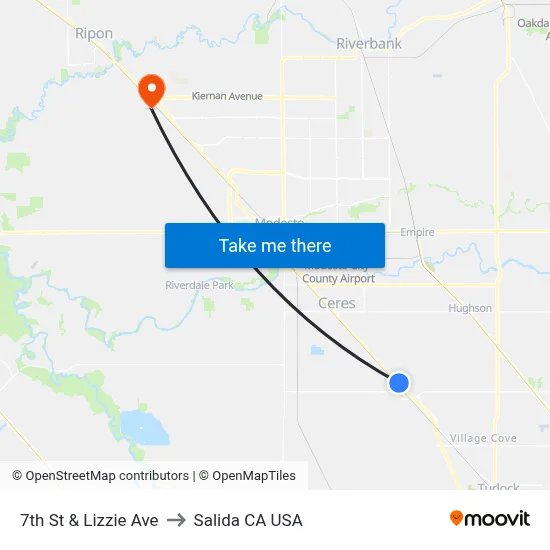 7th St & Lizzie Ave to Salida CA USA map