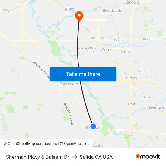 Sherman Pkwy & Balsam Dr to Salida CA USA map