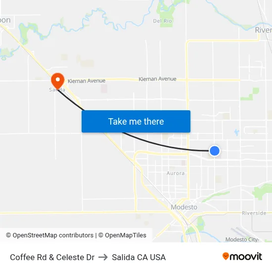 Coffee Rd & Celeste Dr to Salida CA USA map