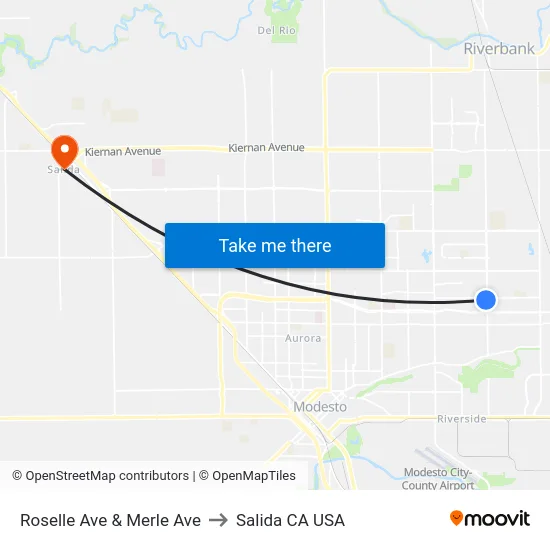 Roselle Ave & Merle Ave to Salida CA USA map