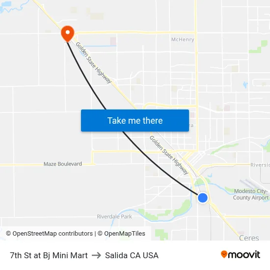 7th St at Bj Mini Mart to Salida CA USA map