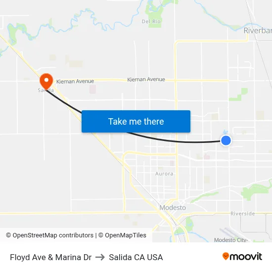 Floyd Ave & Marina Dr to Salida CA USA map