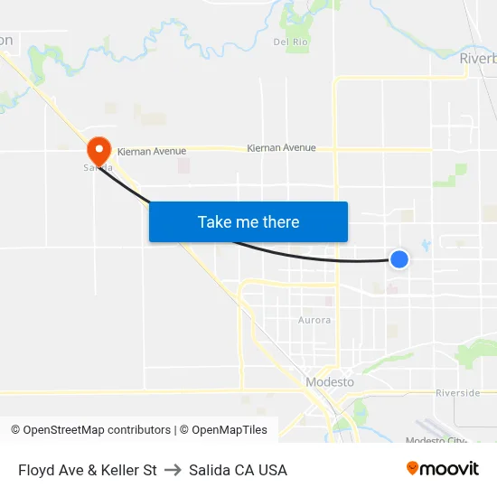 Floyd Ave & Keller St to Salida CA USA map