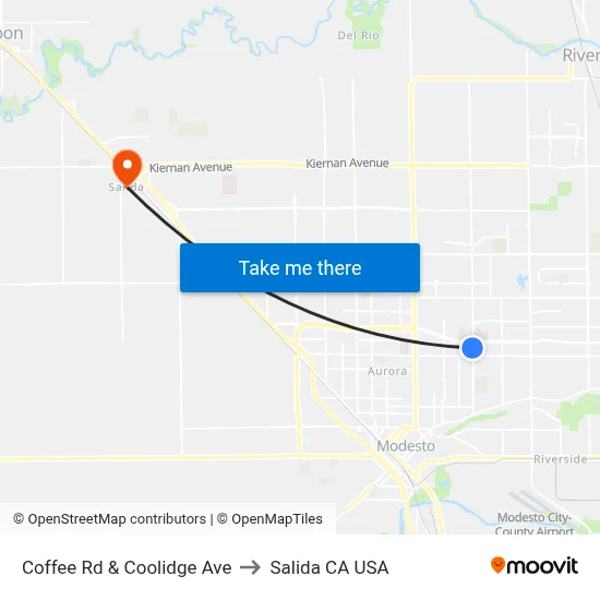 Coffee Rd & Coolidge Ave to Salida CA USA map