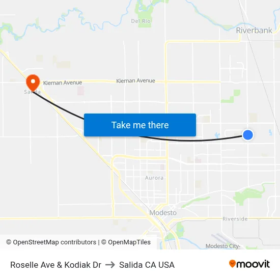 Roselle Ave & Kodiak Dr to Salida CA USA map