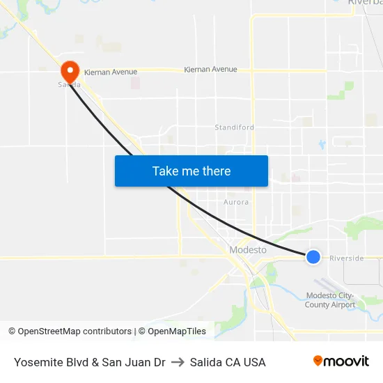 Yosemite Blvd & San Juan Dr to Salida CA USA map