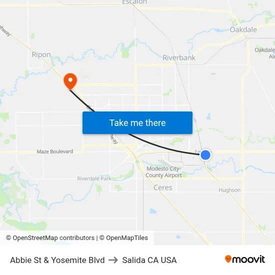 Abbie St & Yosemite Blvd to Salida CA USA map