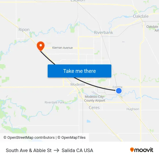 South Ave & Abbie St to Salida CA USA map