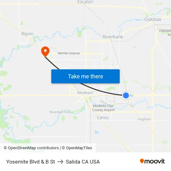 Yosemite Blvd & B St to Salida CA USA map