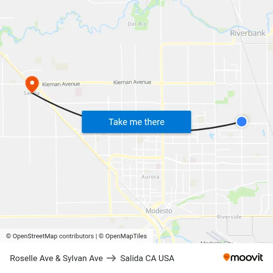 Roselle Ave & Sylvan Ave to Salida CA USA map