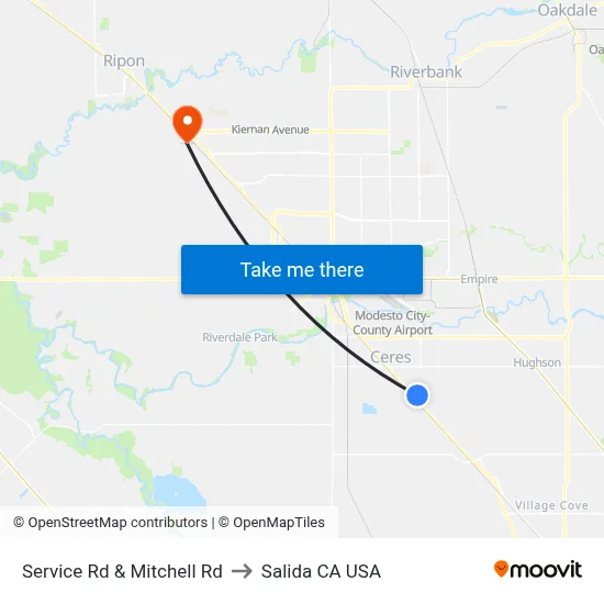 Service Rd & Mitchell Rd to Salida CA USA map