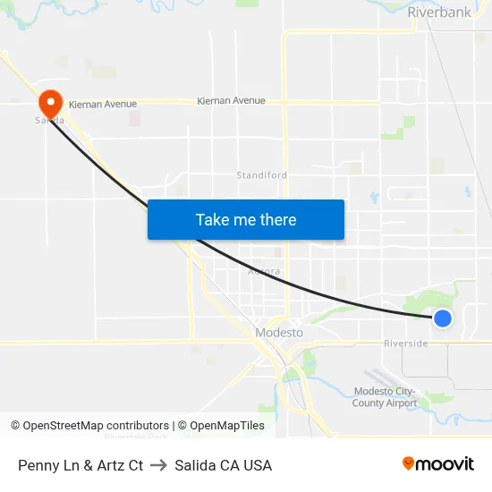 Penny Ln & Artz Ct to Salida CA USA map
