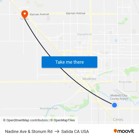 Nadine Ave & Stonum Rd to Salida CA USA map