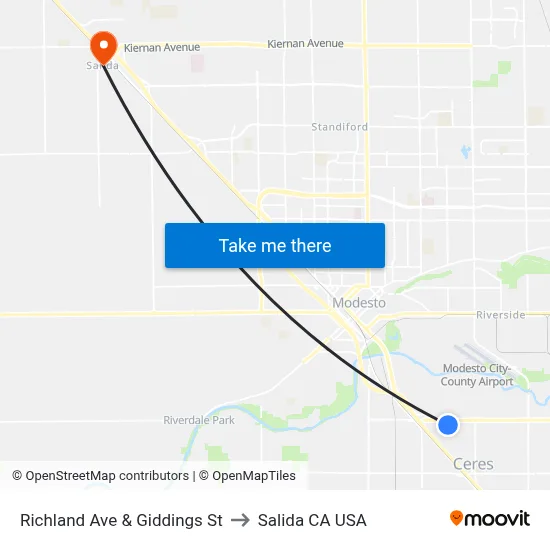 Richland Ave & Giddings St to Salida CA USA map