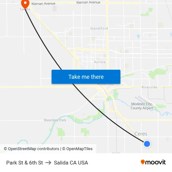 Park St & 6th St to Salida CA USA map